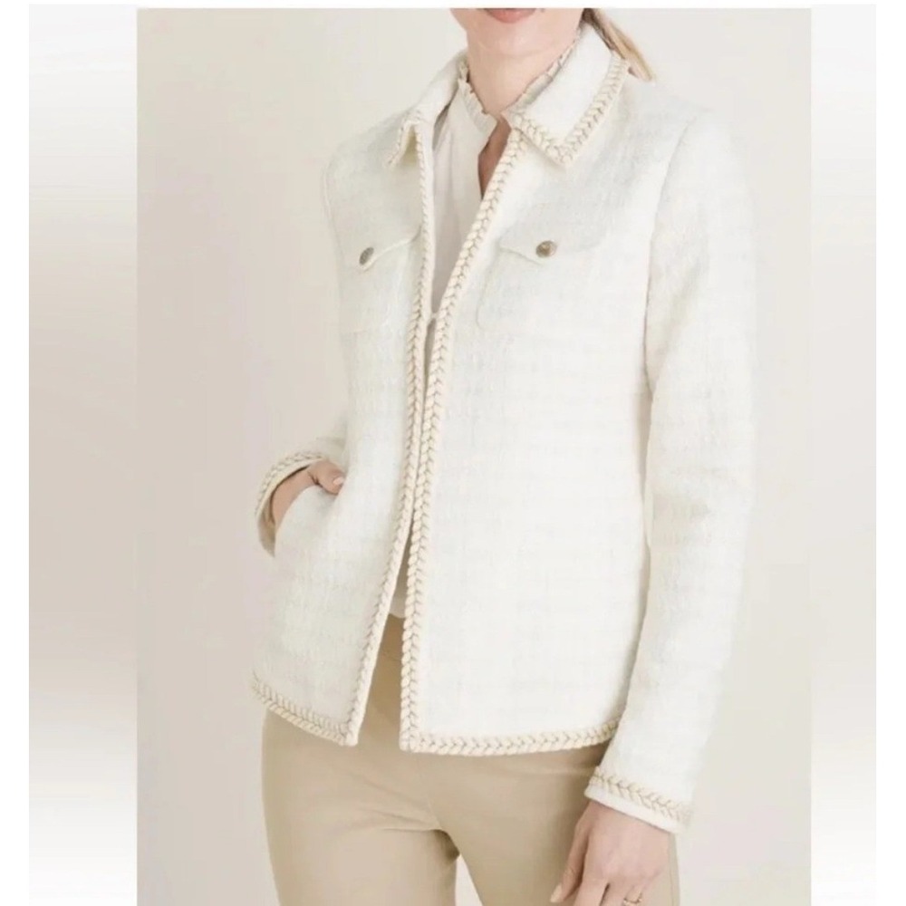 Chicos Braid Trimmed Tweed Jacket Womens 2 US 12/14 White Gold Blazer NWT